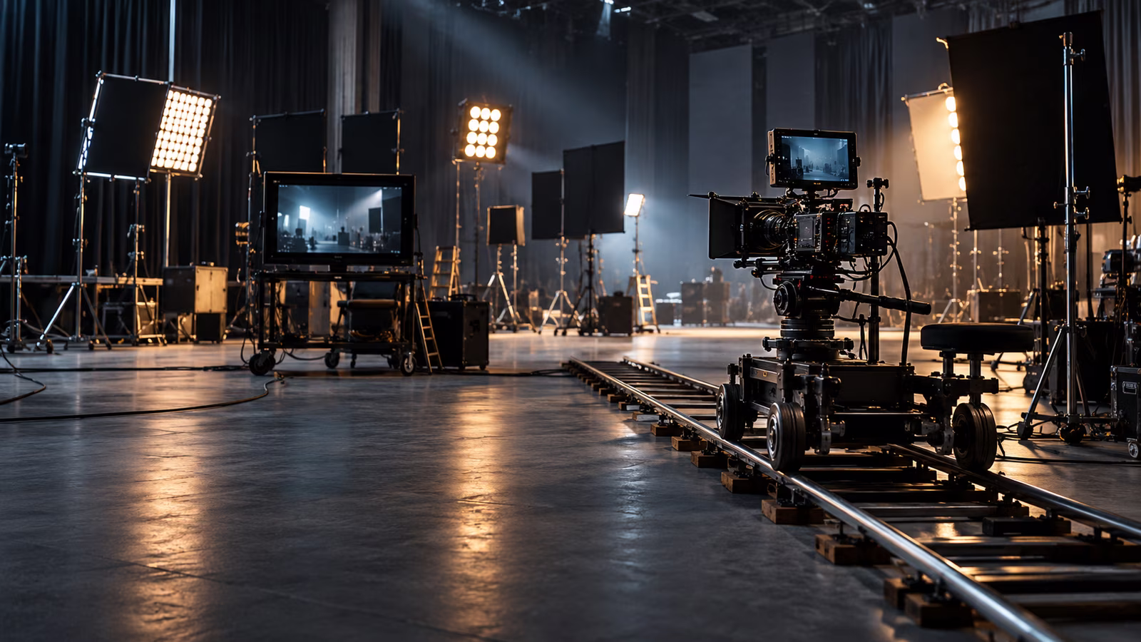 Film setinde kamera, yönetmen monitörü ve prodüksiyon ışıkları